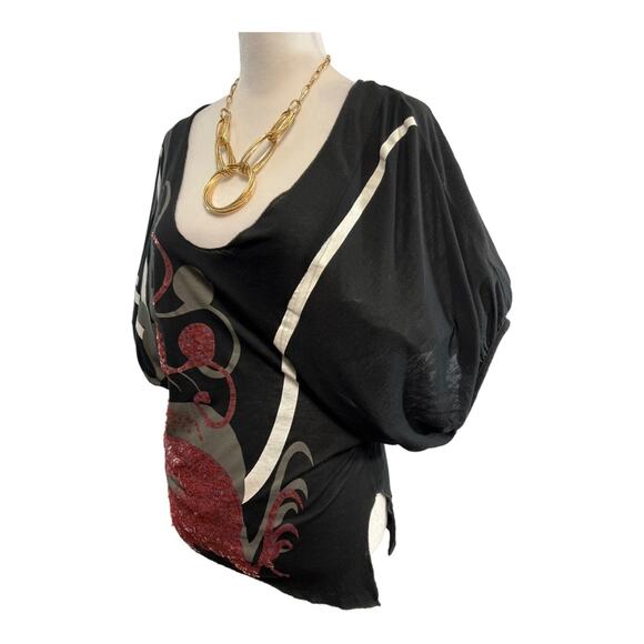 Burgundy Sequined Dragon Scoop Neck Puff Short Sleeve Top SZ S - Picture 8 of 12